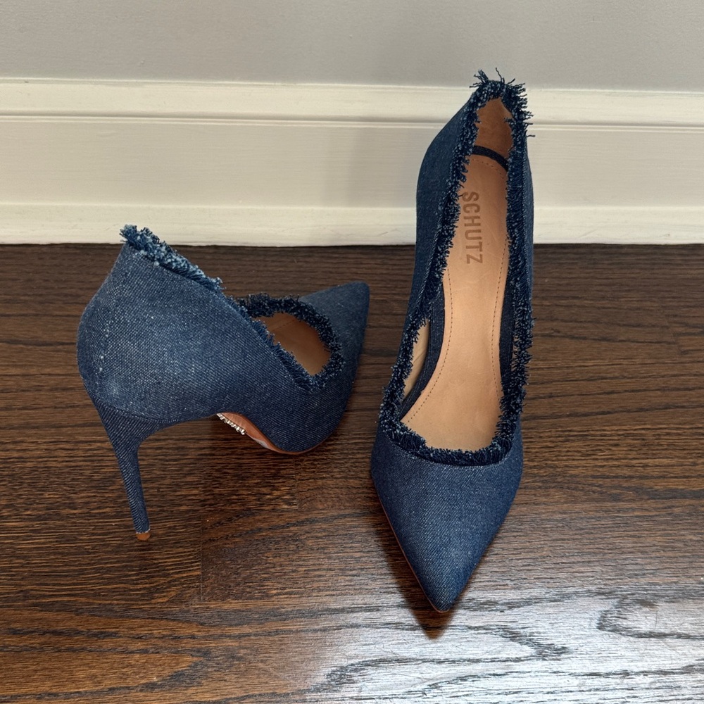 SCHUTZ Blue Frayed Denim Heels